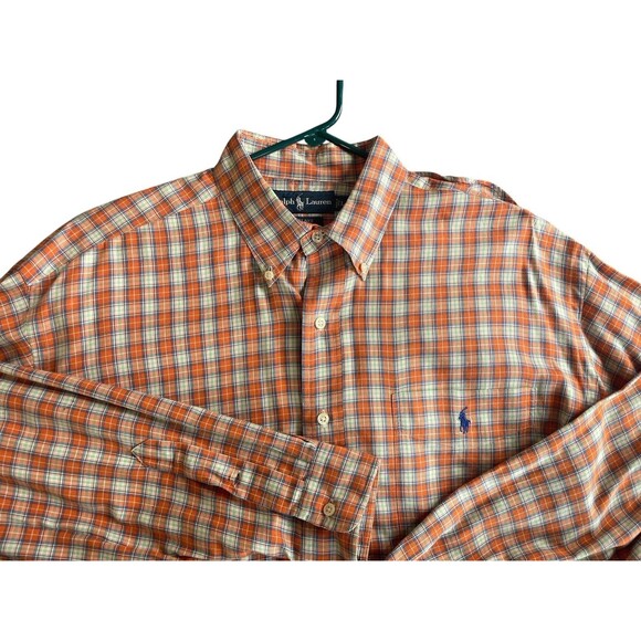 Ralph Lauren Shirt Mens Large Orange Checks Plaid Button‎ Down Pony Logo Blake - Picture 8 of 12